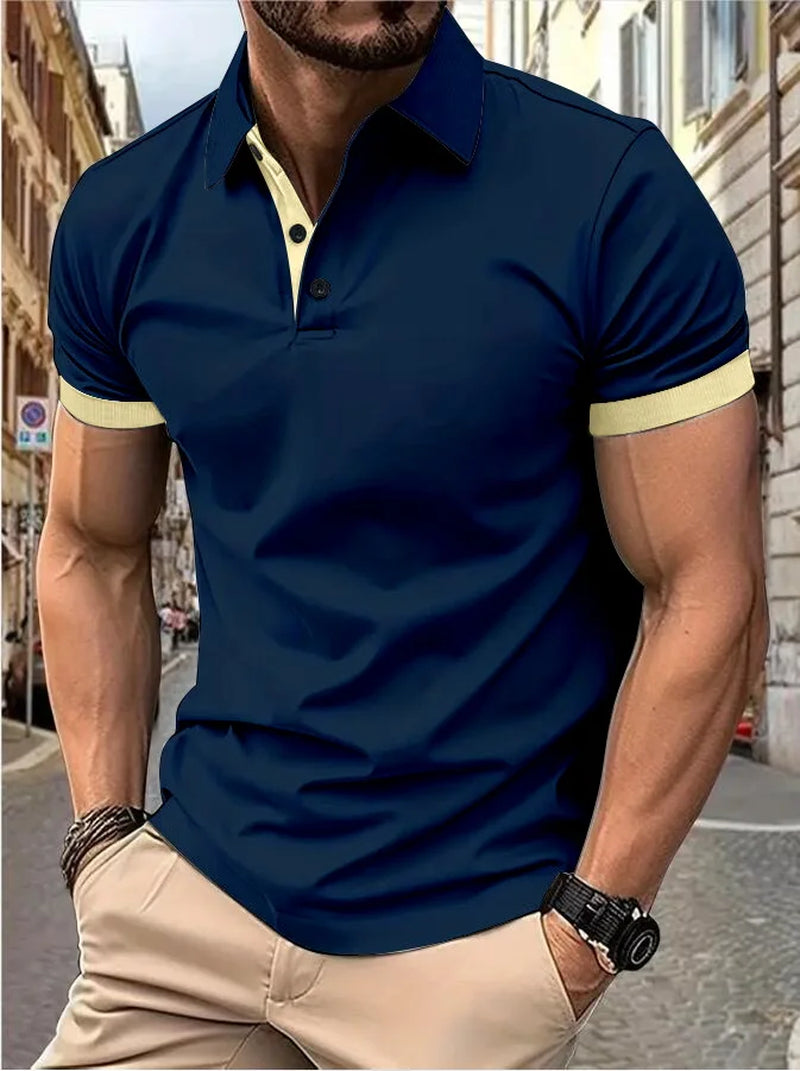 Men'S Short Sleeve Color Matching Fashion with Men'S Lapel Short Sleeve
