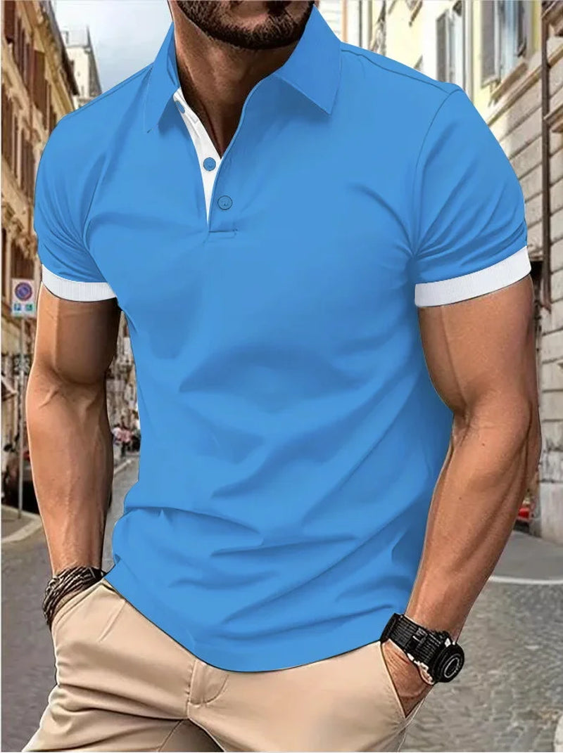 Men'S Short Sleeve Color Matching Fashion with Men'S Lapel Short Sleeve