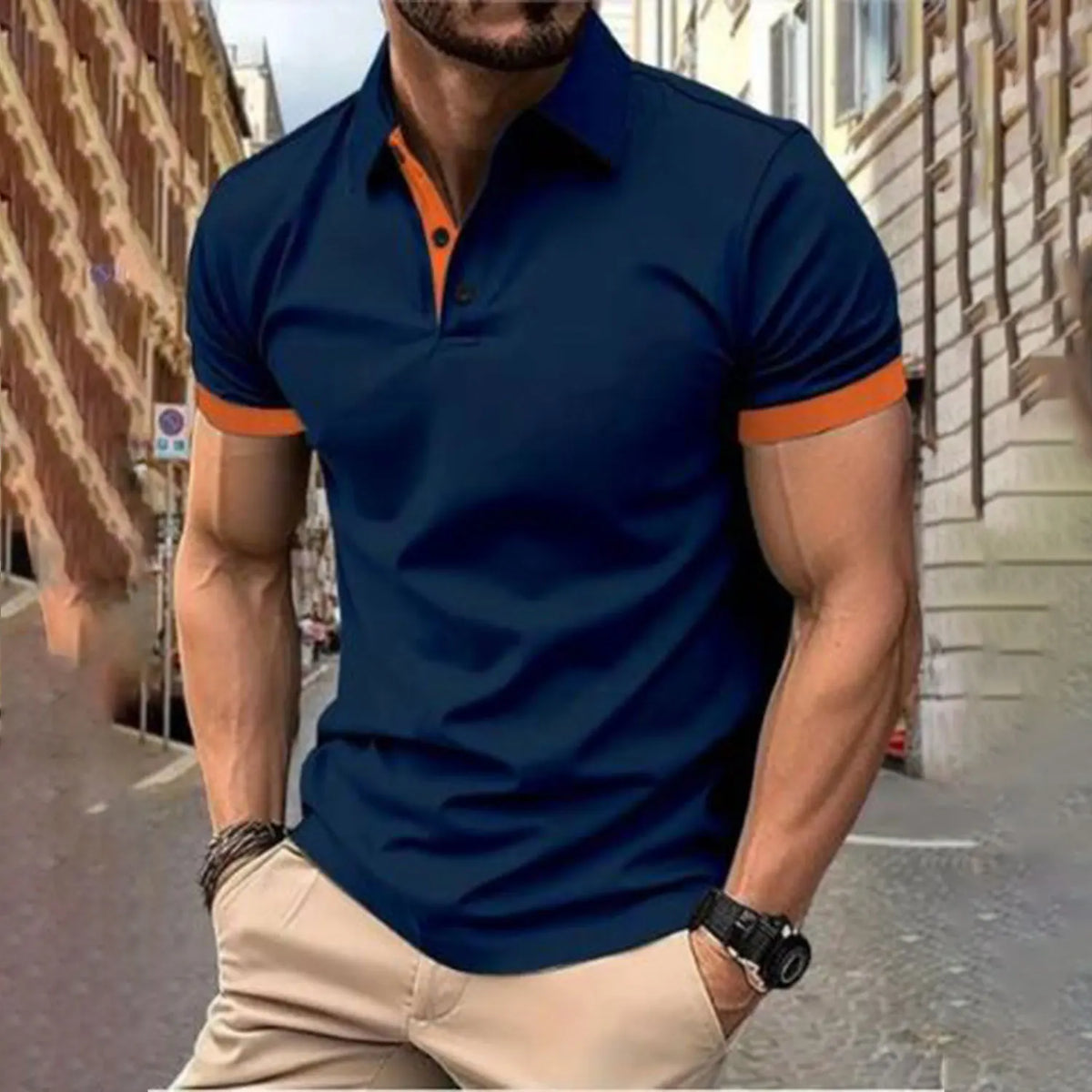 Men'S Short Sleeve Color Matching Fashion with Men'S Lapel Short Sleeve